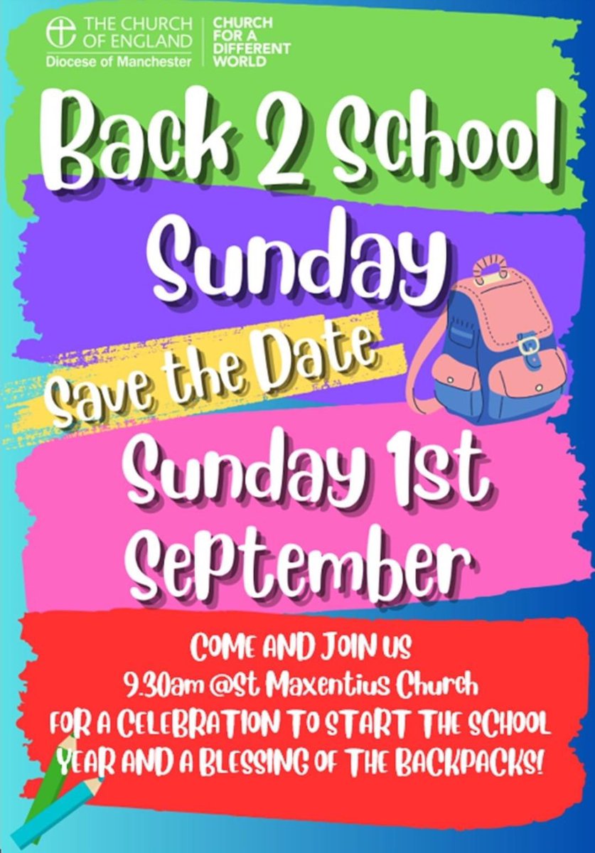 Join us <a href="/StMaxBradshaw/">StMaxentiusChurch</a> on 
🗓️Sunday 1st September
🕥9:30am for our #Back2SchoolSunday Service #B2SS2024. A celebration service of thanksgiving! 🖊️✂️🖌️✏️✒️📖 Plus a special ‘Blessing of the Backpacks’🎒
So if you attend or work in a school, college or university, come and join us!