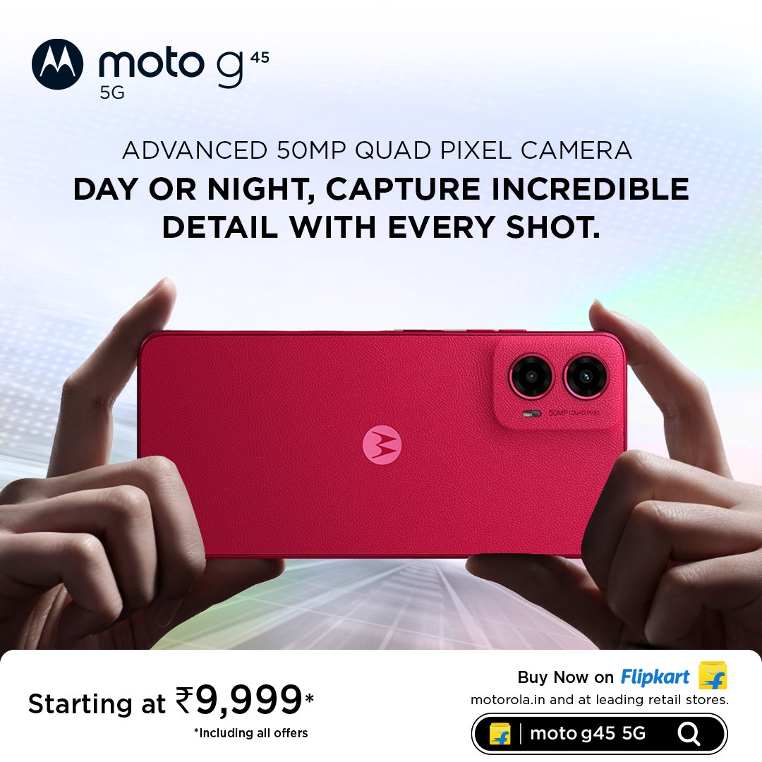 motorolaindia's tweet photo. 🔥 Feel the power of the Snapdragon® 6s Gen 3—
📸Capture every moment in stunning detail with a 50MP camera. Plus, Stand out with a premium design featuring vegan leather.
Buy Now on @Flipkart, https://t.co/azcEfy2uaW, and at leading retail stores. Starting at ₹9,999*/ #FastNWow https://t.co/nqVcUd7Wbn