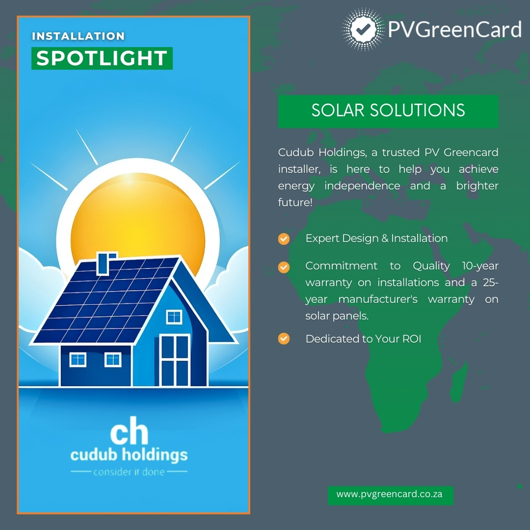 Installation Company Spotlight: <a href="/CudubHoldings/">Cudub Holdings</a> Your One-Stop Solar Solution! ☀️

Cudub Holdings, a trusted PV Greencard installer, is here to help you achieve energy independence and a brighter future!

#PVGreenCard #SolarInsatallations #QualityAssurance #sapvia