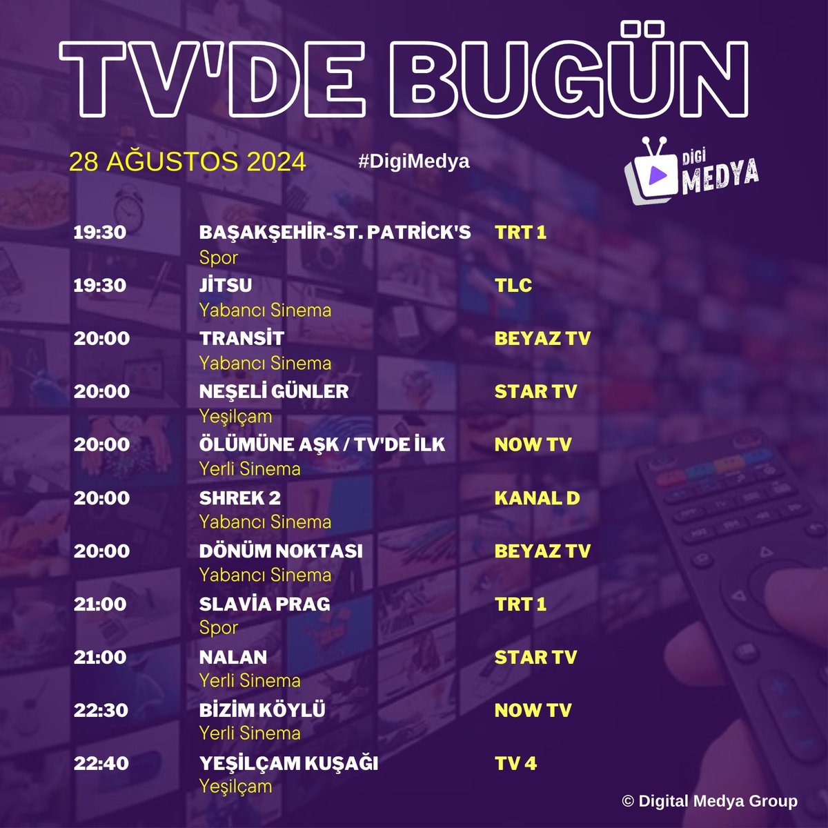 novamedyatr's tweet photo. Tv'de bugün | 28 Ağustos Çarşamba #DigiMedya https://t.co/QElR9CiIJU