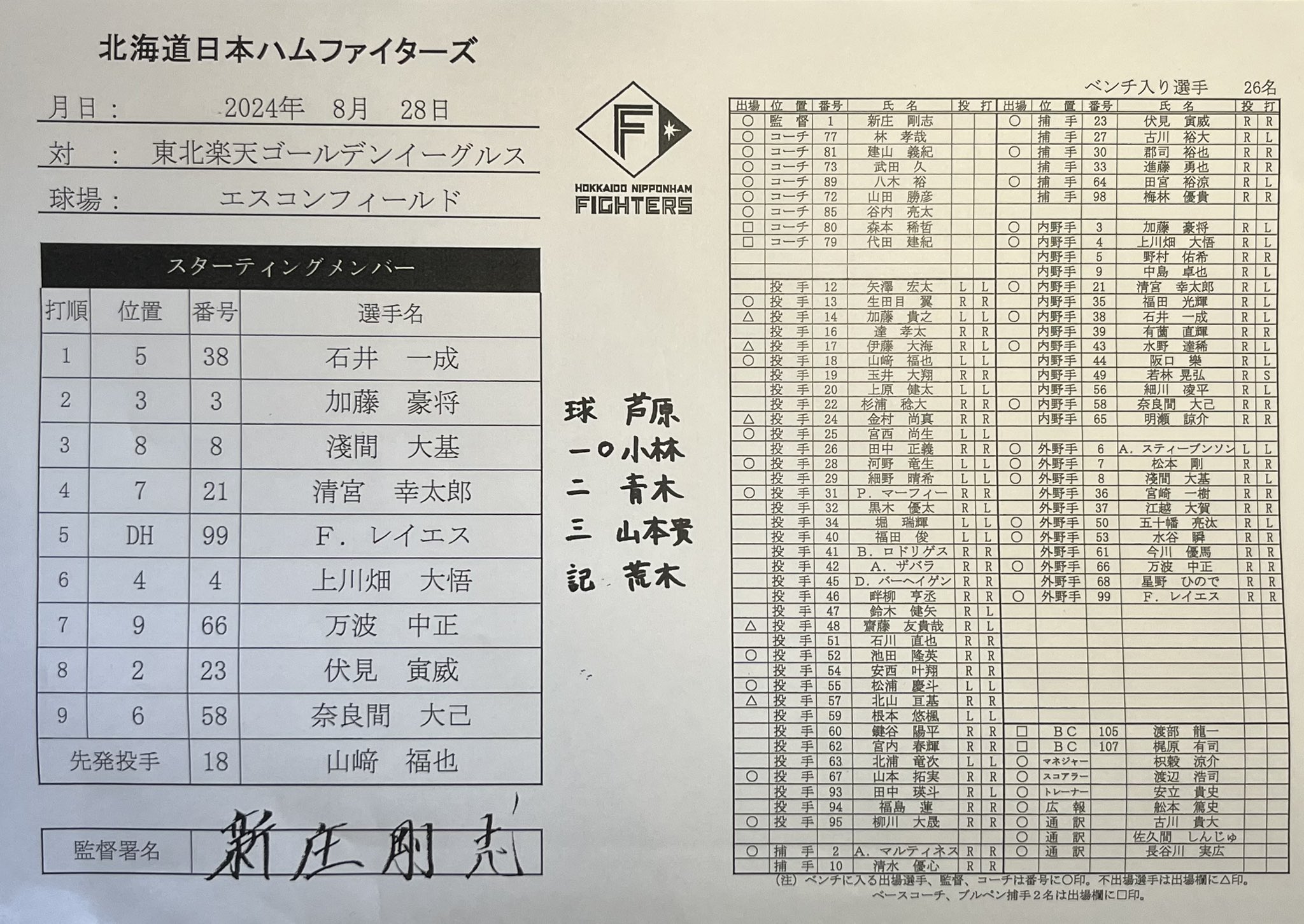 エスコン 日ハムVS楽天 チケット 9/26 スポニチ日本ハム担当2024