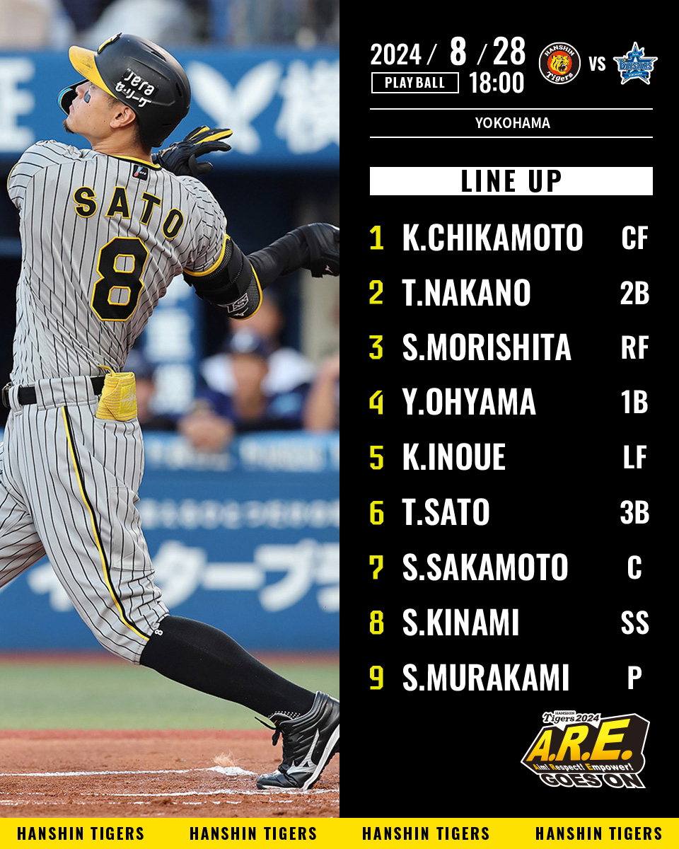 TigersDreamlink's tweet photo. 【8月28日 DB-T 公式戦】
本日のスタメン発表！
試合速報は公式モバイルサイト(有料)で！
https://t.co/YktP4xrLpe
#阪神タイガース
#ARE_GOES_ON https://t.co/c3jWgMHcSz