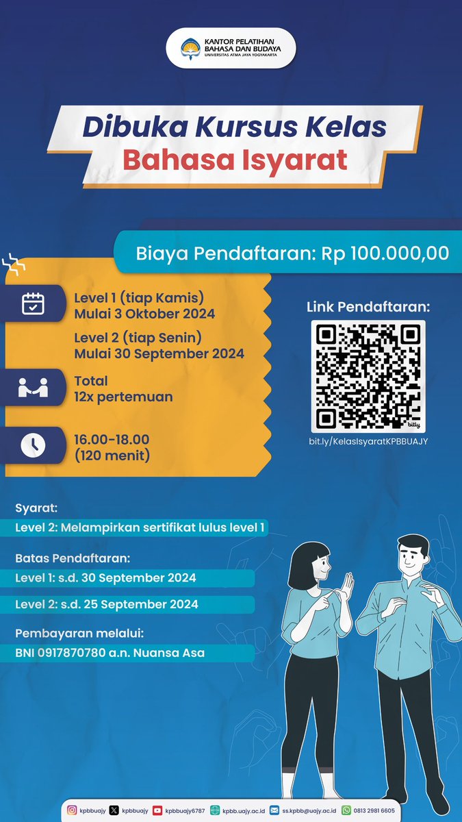 Belajar bahasa isyarat, buka dunia baru. Dunia akan lebih indah saat kita saling mengerti❣️✨

Halo sobat KPBB👋
KPBB hadir kembali dengan penawaran pelatihan bahasa isyarat✨

Yuk tunggu apalagi, segera daftarkan diri kamu dan ajak teman-teman terdekatmu ya😉🙌

#Isyarat #Jogja