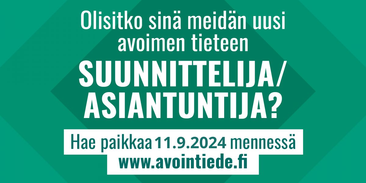 Haemme avoimen tieteen ja tutkimuksen kansallisen koordinaation sihteeristöön (AVOTT) suunnittelijaa/asiantuntijaa ma. työsuhteeseen 31.5.2026 asti. Olisitko sinä etsimämme avoimen tieteen osaaja? 

➡️ tsv.fi/fi/uutiset/hae… 

#avointiede #rekrytointi