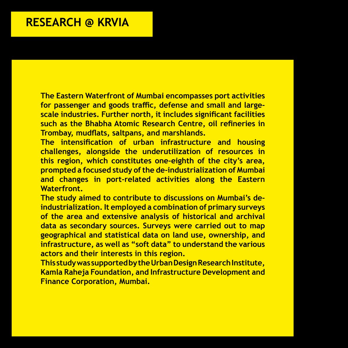 KrviaNews's tweet image. KRVIA Research and Development Cell
Study of the Eastern Waterfront of Mumbai: A Situation Analysis, 2001

#krvia #krviaresearch #krviamasters #postgraduatestudies #urbandesign #urbanconservation #researchtimeline #designcell #mumbaicity #urbanstudies #urbanism #contextinquiry