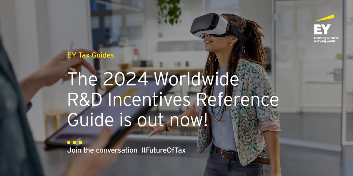 Contemplating new or expanded investments in #R&amp;D, #innovation and #sustainability? 
The 2024 Worldwide R&amp;D Incentives Reference Guide summarizes key #incentives available across 49 jurisdictions. Find out more: go.ey.com/3YXpeEt 
#FutureOfTax #taxincentives