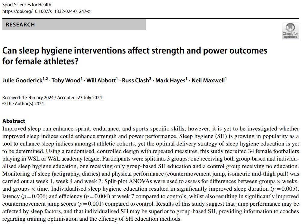 Dr. Will Abbott (@willabbott__) on Twitter photo 🎉 Congratulations to <a href="/juliegooderick/">julie gooderick</a> on the publication of her recent investigation…
🏋️♀️💤 ‘Can sleep hygiene interventions affect strength and power outcomes for female athletes?’
🤝 It was a pleasure to collaborate, and contribute towards the research 🎉 Congratulations to <a href="/juliegooderick/">julie gooderick</a> on the publication of her recent investigation…
🏋️♀️💤 ‘Can sleep hygiene interventions affect strength and power outcomes for female athletes?’
🤝 It was a pleasure to collaborate, and contribute towards the research