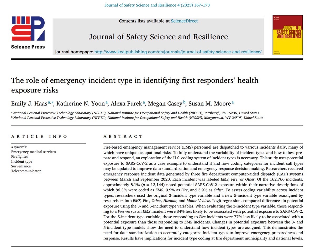 Journal_JSSR's tweet photo. 📰#NewArticle in 2023      

"The role of #emergency incident type in identifying first responders’ health exposure #risks"

#firefighters #safety #fire 

Read more: https://t.co/d219jNNSu1 https://t.co/Vm9c365f9E