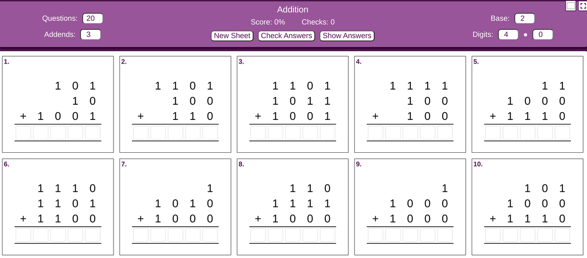 StudyMaths's tweet photo. Did you know: The Do Nows can be easily customised?

For example, playing around with the addends, digits and base produces this worksheet on binary addition.

https://t.co/8J3xgPVZQR https://t.co/bcphhi9Stg