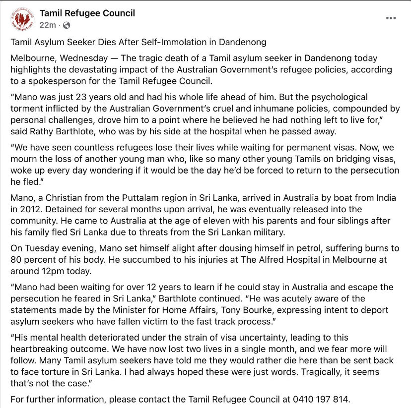 Justice for Mano Yogalingam.
You &amp; your govt could have prevented the loss of Mano to grief &amp; trauma ⁦<a href="/Tony_Burke/">Tony Burke</a>⁩.
Mano, along w/ his family &amp; Tamil community, needed a permanent visa. He needed the threat of deportation to torture removed. You could have provided safety.