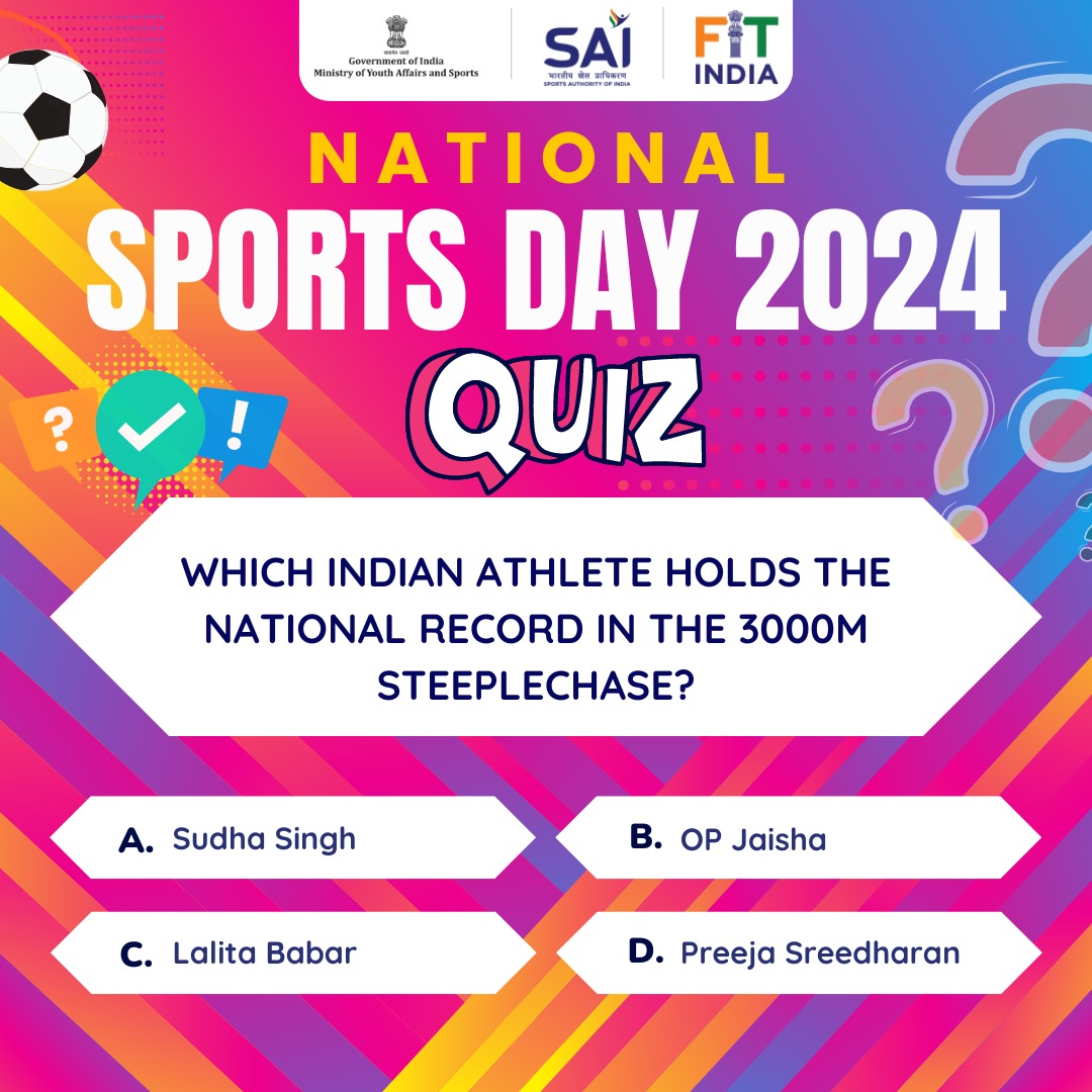 FitIndiaOff's tweet photo. Showcase your sports knowledge 🏅 & share the correct answer ☑️ to the #NationalSportsDay quiz question.
#FitIndia
#Sport4Unity
#fit2024india https://t.co/NqwRGcdeue