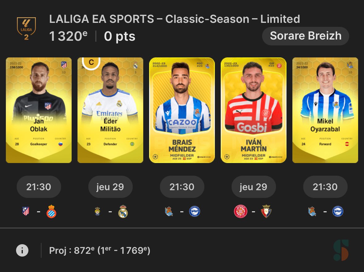 sorarebreizh's tweet image. 🎁 Une carte à gagner si cette équipe Liga atteint une récompense carte 🇪🇸

Pour participer : like et abonne toi ❤️✅

#Sorare
