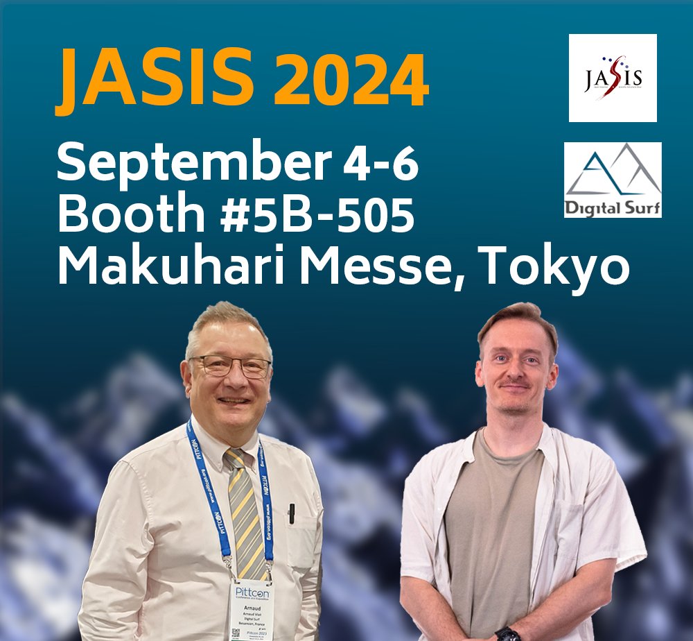 _DigitalSurf's tweet photo. We're excited to be exhibiting at #JASIS @JasisOffice again this year!
Damien, Arnaud & Dylan will be there to answer all of your #surface & #imageanalysis questions🔬 and to do some demos of the latest #Mountainssoftware features. We hope to see you there! 🧑💻
#microscopy https://t.co/RFpdpjVm47