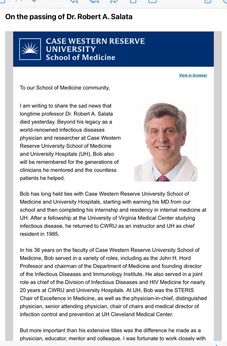 Lung_Institute's tweet photo. Deeply saddened by the loss of Dr. Robert A. Salata. His transformative work with the Lung Cancer and HIV working group at the Institute leaves a lasting legacy. Our thoughts are with his family and colleagues. @brucekirenga @cwru @DanSimonMD @rnantanda https://t.co/38AR6GXBOv