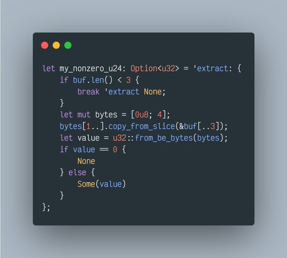 sudo_build's tweet photo. #RustProTip №37: Block labels

Implicit returns from blocks aren't always flexible enough to describe the desired logic. Separate functions aside, the problem can be resolved inline by introducing a block label.

Playground: https://t.co/F8IRrfrGME
RFC 2046: https://t.co/0w15Ta5Vqe

All Rust Pro Tips: https://t.co/SjUDaL4X0T

#rust #rustlang #programming