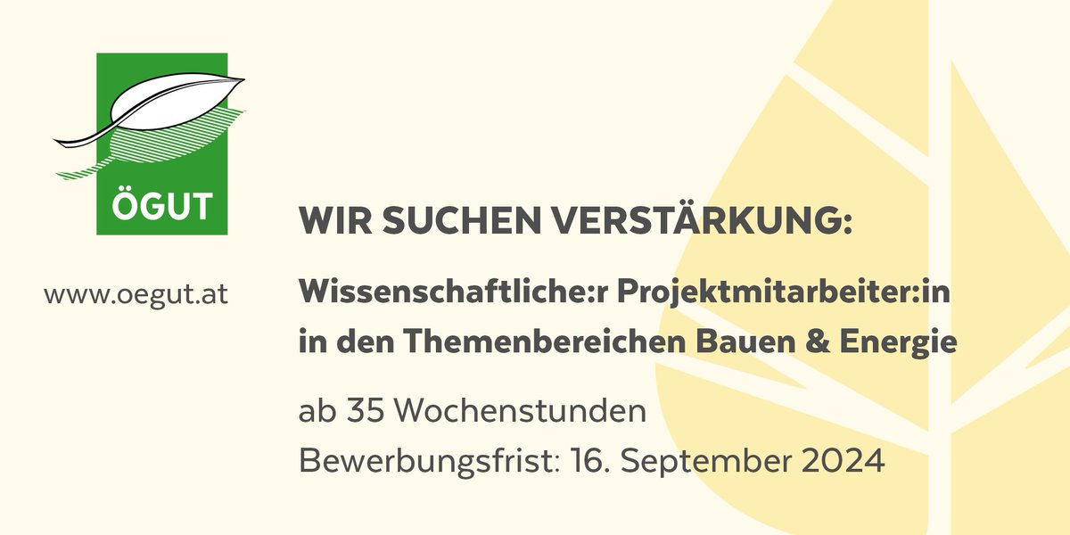 Wir suchen! Bitte gerne teilen, danke 💚 Es geht um die Mitgestaltung der Entwicklung und Marktüberleitung zukunftsfähiger Lösungen im Gebäude- und Quartiersbereich. Alle Infos: oegut.at/de/news/2024/0… 
Bewerbungsfrist ist 16. September 2024.