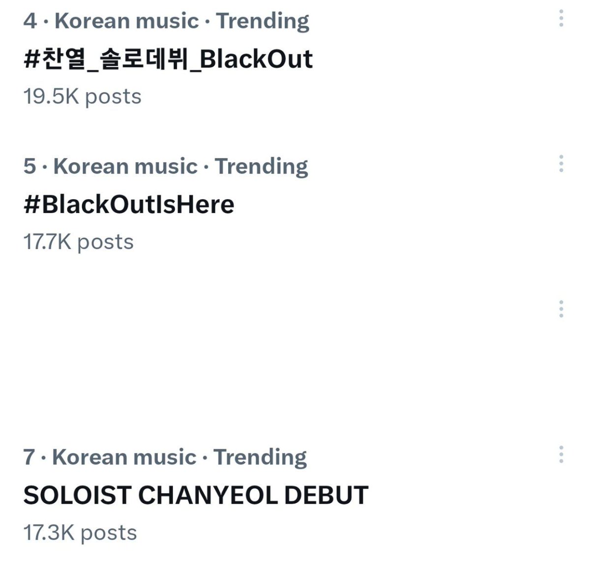 در حال حاضر هشتگ‌ها و تگ‌لاین‌مون ترند 4 و 5 و 7 جهان قرار داره؛🥹❤️‍🔥

SOLOIST CHANYEOL DEBUT
#찬열_솔로데뷔_BlackOut
#BlackOutIsHere
#CHANYEOL_BLACKOUT
#CHANYEOL