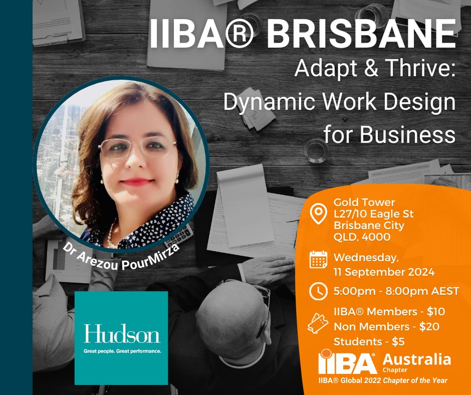 IIBAAus's tweet photo. Join Dr Arezou PourMirza in Brisbane for a workshop on Dynamic Work Design methodology this September. 

Register: https://t.co/TxRyq9DwJ1

Sponsored by Hudson - Technology, Projects &amp; Transformation QLD.

#businessanalyst #businessanalysis #brisbane #iiba #dynamicworkdesign https://t.co/a9JKRHgVNE