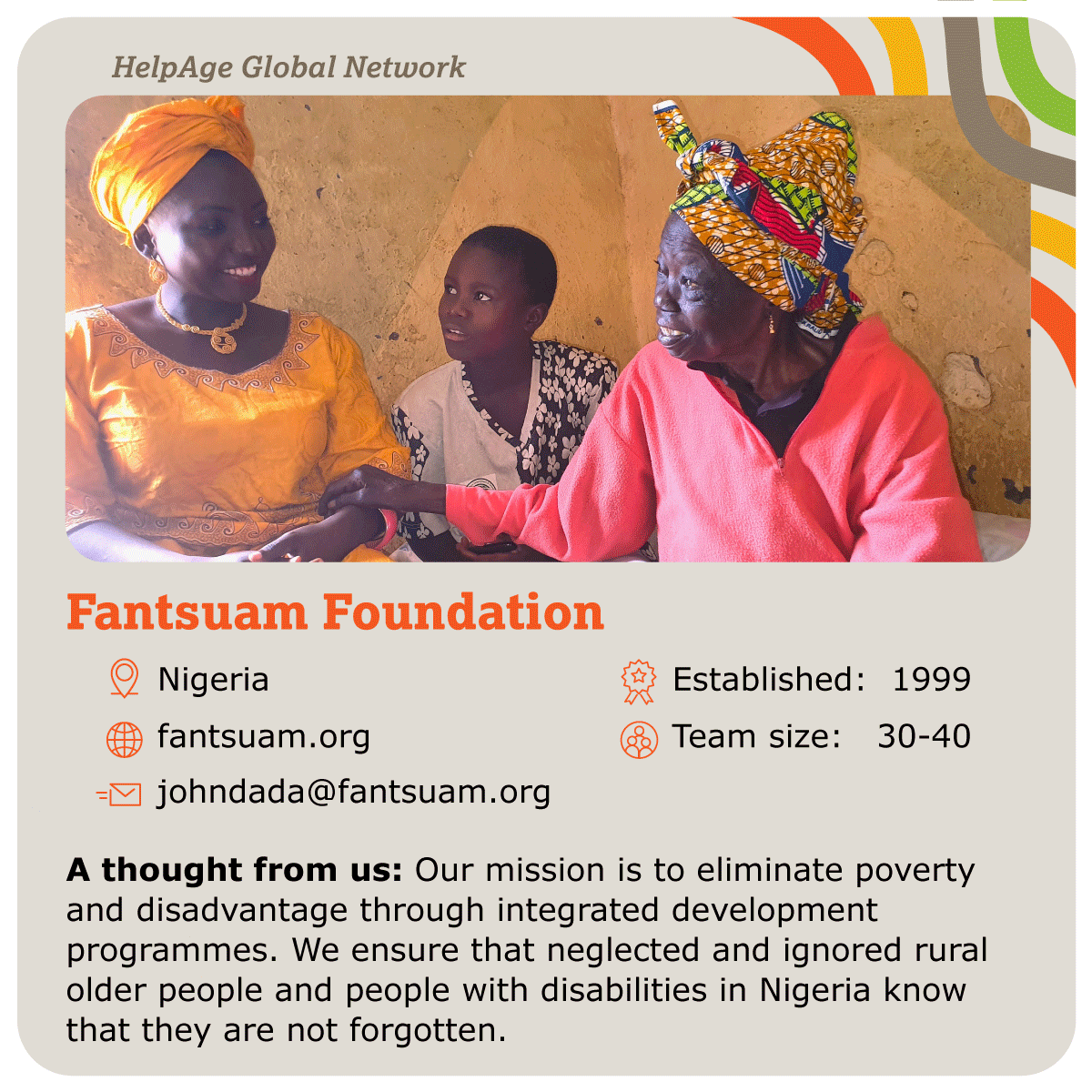 HelpAge's tweet photo. 🌍 Discover #HelpAgeNetwork member: Fantsuam Foundation, Nigeria 🇳🇬
They help build stronger rural communities.
Learn more: https://t.co/WT6XYYJ9YS
Follow us for more #HelpAgeNetwork cards and collect them all!
#partnerships https://t.co/YUwfuC0qmC