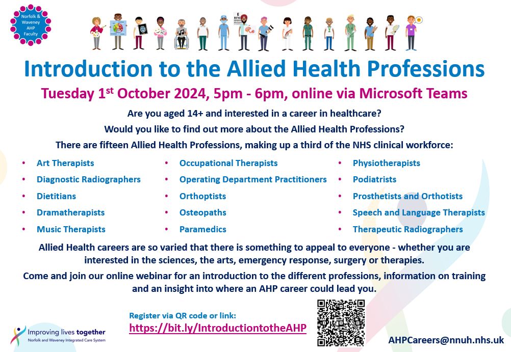 AHP Faculty Norfolk and Waveney (@ahpfacultynw) on Twitter photo Are you or someone you know aged 14+ and considering a career in healthcare? Come and find out more about Allied Health Professions.
Register for our online webinar via the QR code on the flyer or click here: bit.ly/Introductionto…
<a href="/NNUH/">Norfolk and Norwich University Hospitals</a> <a href="/JamesPagetNHS/">JPUH NHS FT</a> <a href="/TeamQEH/">The QEH King's Lynn</a> <a href="/NCHC_NHS/">NCH&C</a> Are you or someone you know aged 14+ and considering a career in healthcare? Come and find out more about Allied Health Professions.
Register for our online webinar via the QR code on the flyer or click here: bit.ly/Introductionto…
<a href="/NNUH/">Norfolk and Norwich University Hospitals</a> <a href="/JamesPagetNHS/">JPUH NHS FT</a> <a href="/TeamQEH/">The QEH King's Lynn</a> <a href="/NCHC_NHS/">NCH&C</a>