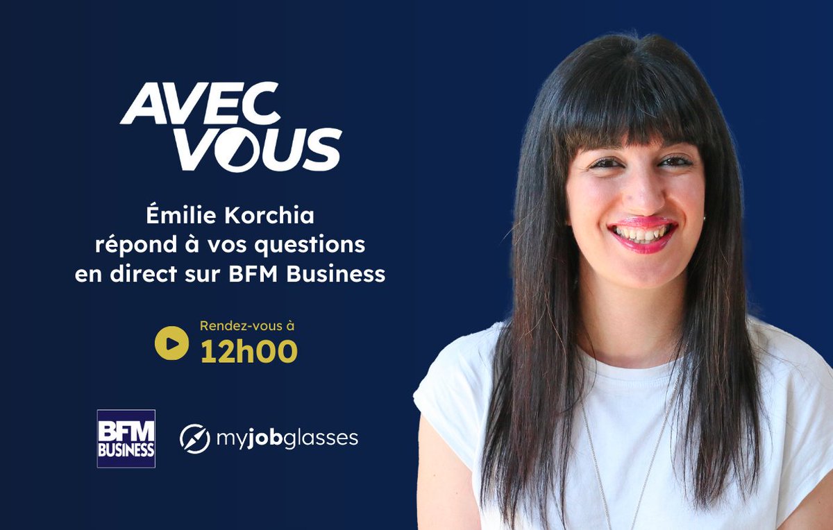 My Job Glasses (@myjobglasses) on Twitter photo Retrouvez notre CEO <a href="/EmilieKorchia/">Émilie Korchia</a> à 12h dans #AvecVous sur BFM Business pour répondre à vos questions sur l'orientation !
Réagissez en direct et posez vos questions sur les réseaux sociaux de <a href="/bfmbusiness/">BFM Business</a> 🔥
Suivez l’émission sur bit.ly/4g3mICM Retrouvez notre CEO <a href="/EmilieKorchia/">Émilie Korchia</a> à 12h dans #AvecVous sur BFM Business pour répondre à vos questions sur l'orientation !
Réagissez en direct et posez vos questions sur les réseaux sociaux de <a href="/bfmbusiness/">BFM Business</a> 🔥
Suivez l’émission sur bit.ly/4g3mICM