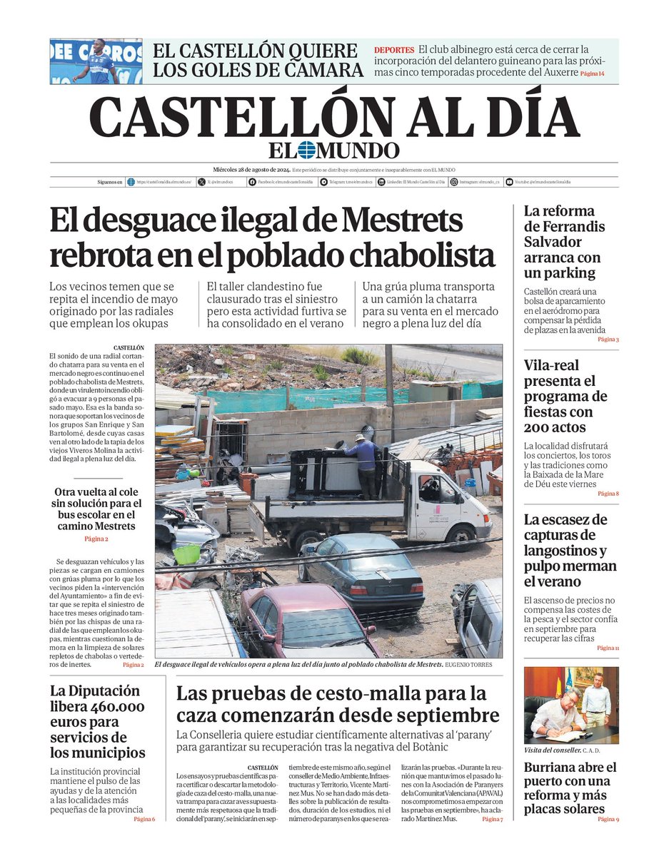 ximogorriz's tweet photo. Hoy miércoles 28 de agosto en las #portadasdeCastellón, #parany #acoso #Mestrets #desguace #chabolas @AjuntCastello @CDCastellon @DiegoCondeA13 @MIllueca @GVAsanitat #pensiones @ajuntburriana @aeroclubcs @dipcas #FerrandisSalvador @ajvila #pesca y más https://t.co/OzpyTX68yh
