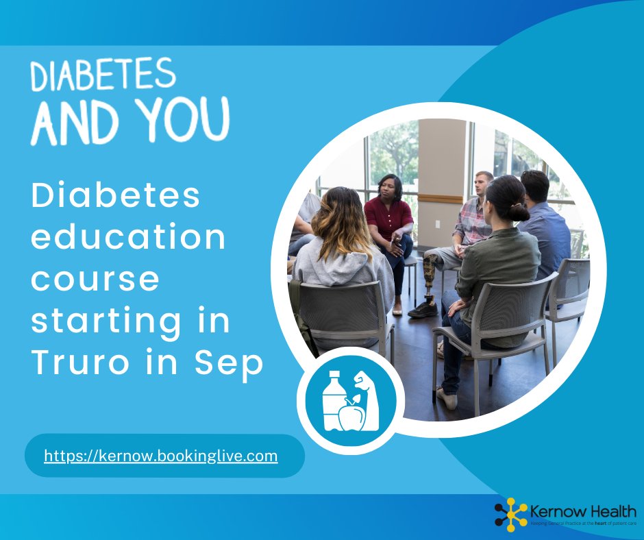 FREE course in September. Are you diagnosed or living with type 2 diabetes and want support to manage it? The next course runs Mondays 16th, 23rd and 30th Sept, 6.30-8.30pm, Three Spires Medical Practice Truro. Book here kernow.bookinglive.com or call 07881 257452 #diabetes