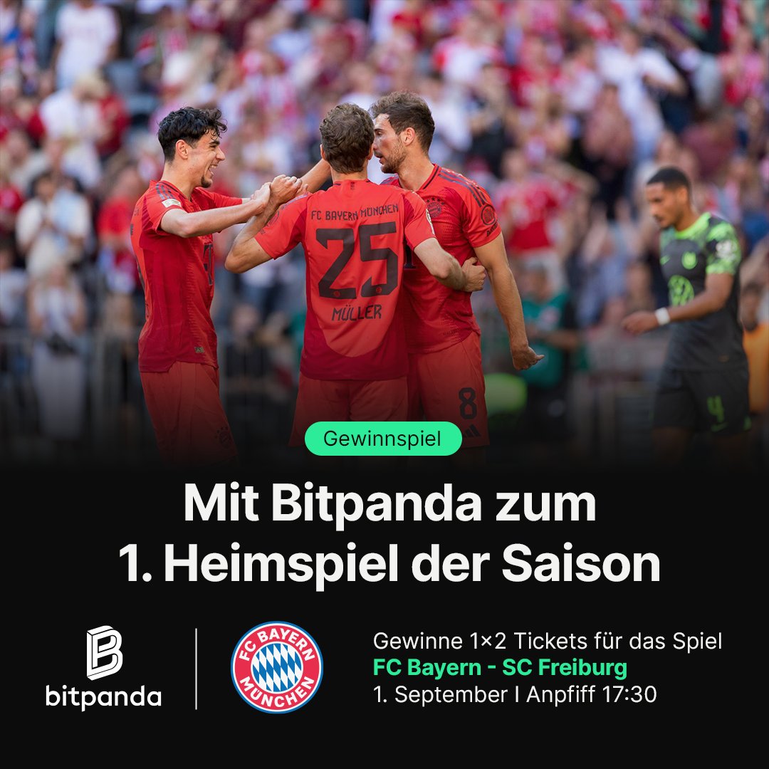 Bitpanda's tweet photo. Wo sind unsere @FCBayern Fans? Wir schicken euch auf das Heimspiel des FC Bayern gegen Freiburg am 01. September 2024 in der Allianz Arena in München ⚽

Du kannst 1x2 Tickets für das Spiel gewinnen, indem du:

-Den entsprechenden Post auf X likest und repostest
-Unseren Account @bitpanda folgst
-Die Person kommentierst, die du zum Spiel mitnimmst

Viel Glück! Alle Teilnahmebedingungen findest du hier: https://t.co/zxK58Nm5hj

Diese Aktion wird in keiner Weise von X gesponsert, unterstützt oder verwaltet und steht in keiner Weise mit X in Verbindung. Bitpanda ist alleiniger Ansprechpartner und allein verantwortlich für das Giveaway.

#Bitpanda #FCBayern #Krypto #München