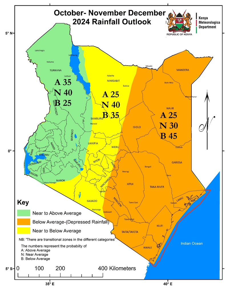 MeteoKenya's tweet photo. 🌧️ 🌧️The ‘Short Rains’ OND 2024 seasonal outlook is out! 📊

1️⃣ During OND 2024, the western sector of the country is expected to receive near to slightly above average rainfall. 🌦️

📥 Download the #NCOF9 Statement:  
https://t.co/2XhyVdOgIg https://t.co/6dzAahARxO