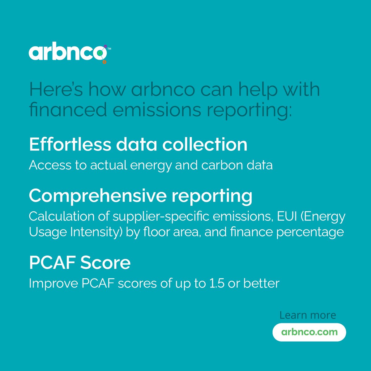 Leading banks are transforming financed emissions reporting with arbnco, enhancing PCAF scores and complying with IFRS2 and Scope 3 standards.
Learn more, read testimonials, or book a demo: lnkd.in/dprycZPF

#financedemissions #sustainablefinance #IFRS2 #pcaf