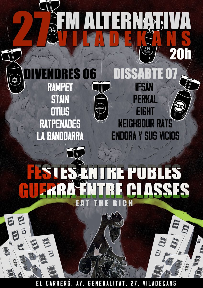 CSOelsTimbres's tweet photo. Per 27è cop, us presentem les festes alternatives de #Viladecans!
Enguany tornem al carreró amb un programa variat des folk, ska, rock i punk.
I aprofitarem per cagar-nos en les maleïdes guerres on només els rics són qui haurien de lluitar a mort entre ells.
Festa i revolució! https://t.co/klLXXZk7TD