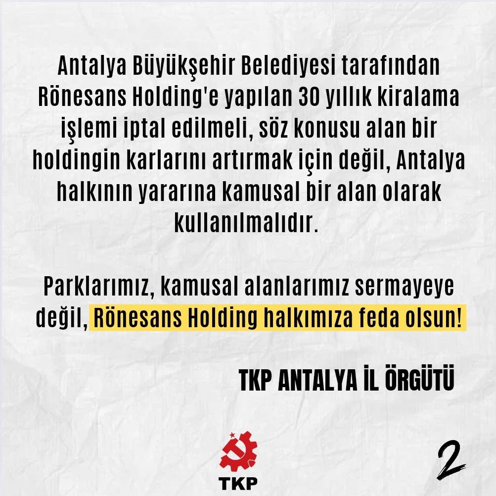 📍Rönesans Holding, #Antalya'nın en güzel yerlerinden olan #Konyaaltı Sahili’ndeki eski Minicity alanına AVM yapmak istiyor. 

📍Parklarımız, kamusal alanlarımız sermayeye değil, doğal ve tarihi mirasımıza göz diken Rönesans Holding halkımıza feda olsun! 🔽