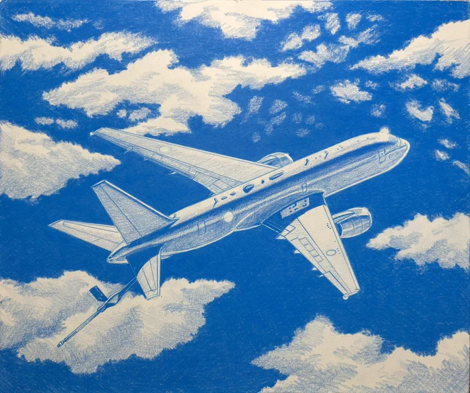 F8号。シアン版1回目はこんなところ。次はマゼンタ版。#色鉛筆画 #飛行機画 #林亮太 #5色描画 