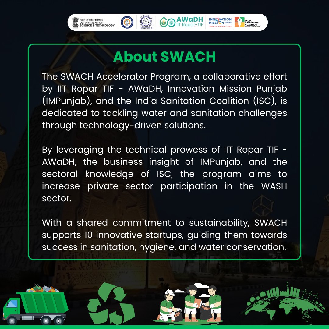 AWaDH_IITRopar's tweet image. 2nd Contact Session of the #SWACH Accelerator Program on Aug 30-31 at IIT Ropar! A powerful collaboration between iHub - AWaDH, #IMPunjab, and #ISC, supporting 10 innovative startups in #Sanitation, #Hygiene, and #WaterConservation. Let’s drive #WASH sector impact and innovation