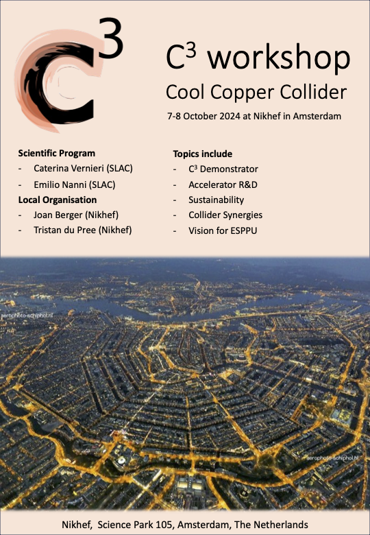 Tristan_duPree's tweet photo. This Autumn, 7-8 October, we host the C3 workshop in the @_Nikhef building @AdamSciencePark!

We'll discuss the status and plans of C3, a.k.a. the 'Cool Copper Collider', one of the potential future linear electron-positron colliders

Registration is open!
https://t.co/f0Qh2gAZKw https://t.co/igpyyO4MKx