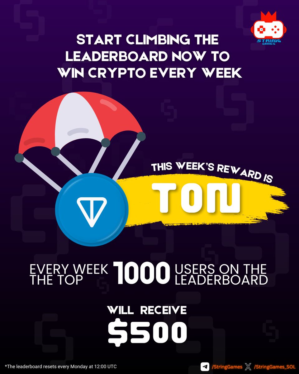 StringGames_'s tweet photo. 🪜Start climbing the leaderboard now to win crypto every week

💸 Every week, the top 1000 users on the leaderboard will receive $500 

🪙 This Week's reward is $TON

⏰ The leaderboard resets every Monday at 12:00 UTC

Start Climbing Now!
 
https://t.co/EoRff0OOxL
#StringGames https://t.co/JwgM0JL0gg