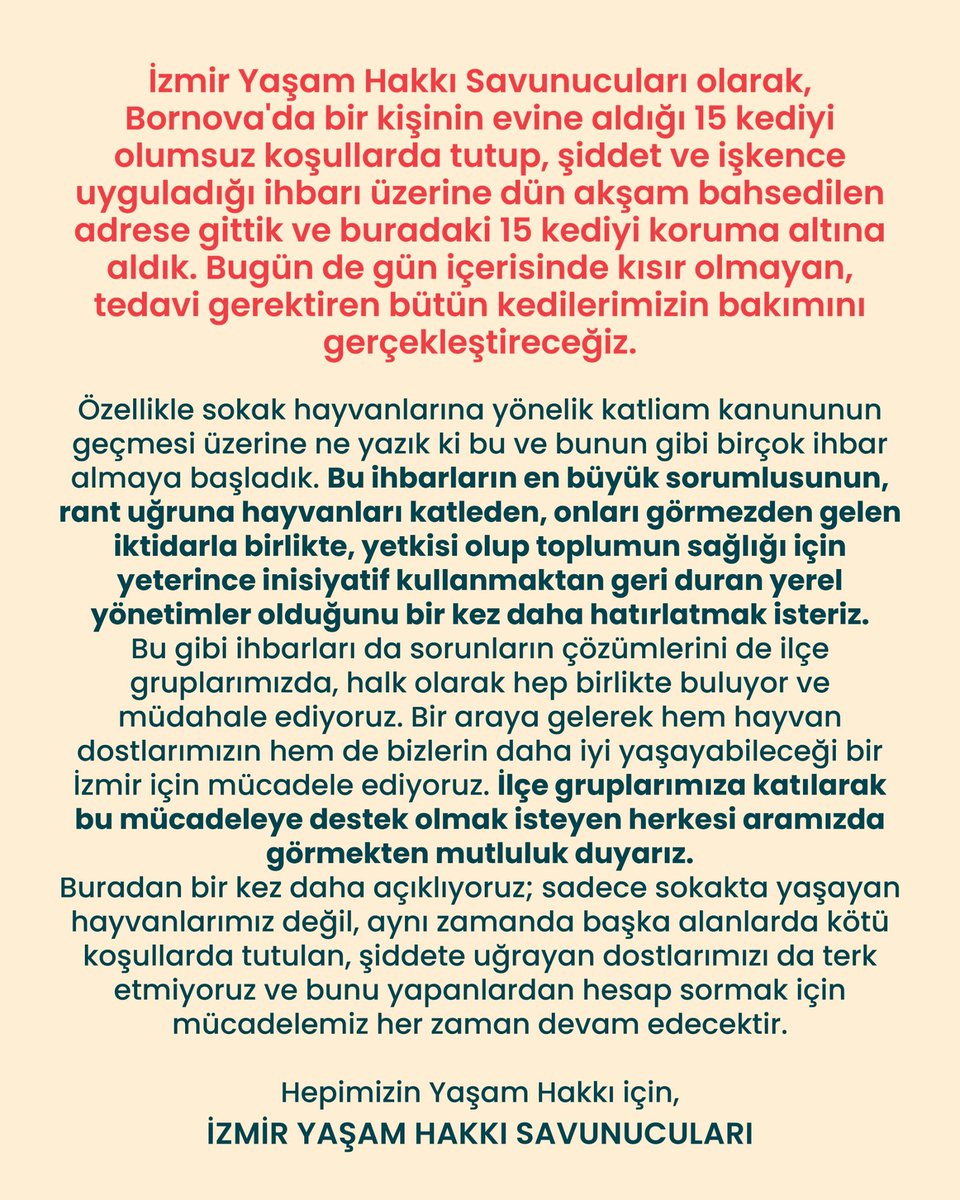 izmiryasamhakki's tweet photo. İzmir Yaşam Hakkı Savunucuları olarak, Bornova'da bir kişinin evine aldığı 15 kediyi olumsuz koşullarda tutup, şiddet ve işkence uyguladığı ihbarı üzerine dün akşam bahsedilen adrese gittik ve buradaki 15 kediyi koruma altına aldık. Bugün de gün içerisinde kısır olmayan, + https://t.co/dVRJlzhCkc