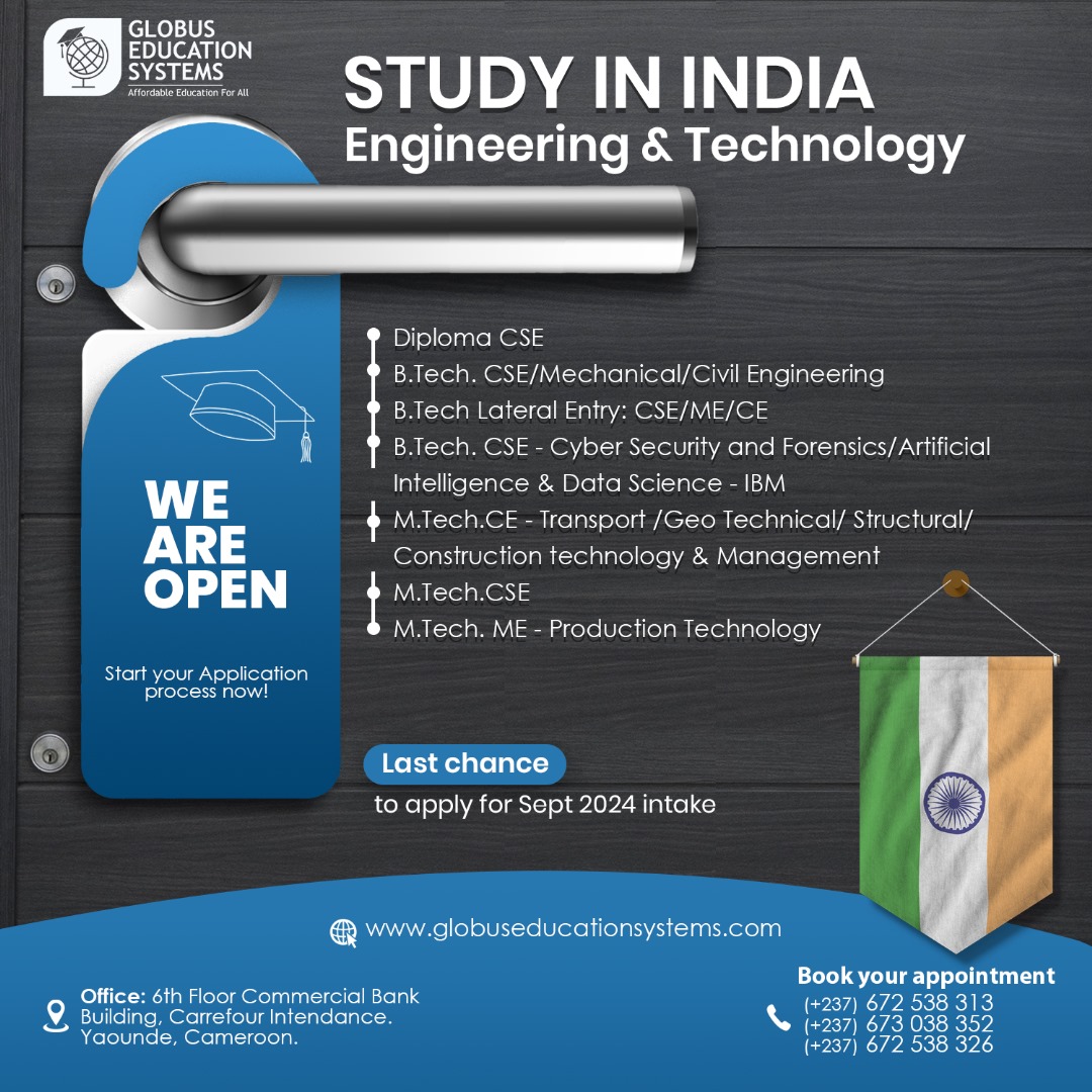 GlobusSystems's tweet photo. ⏰ Calling all students! ⏰ School's back in just a month! Launch your future in Tech &amp; Engineering with Indian universities. 🇮🇳

** Visit https://t.co/kj46atUFMB or stop by our office for FREE consultancy!**  

#studyabroad #India #Engineering #Tech #Cameroon 🇨🇲 https://t.co/5MPbLXM8jq