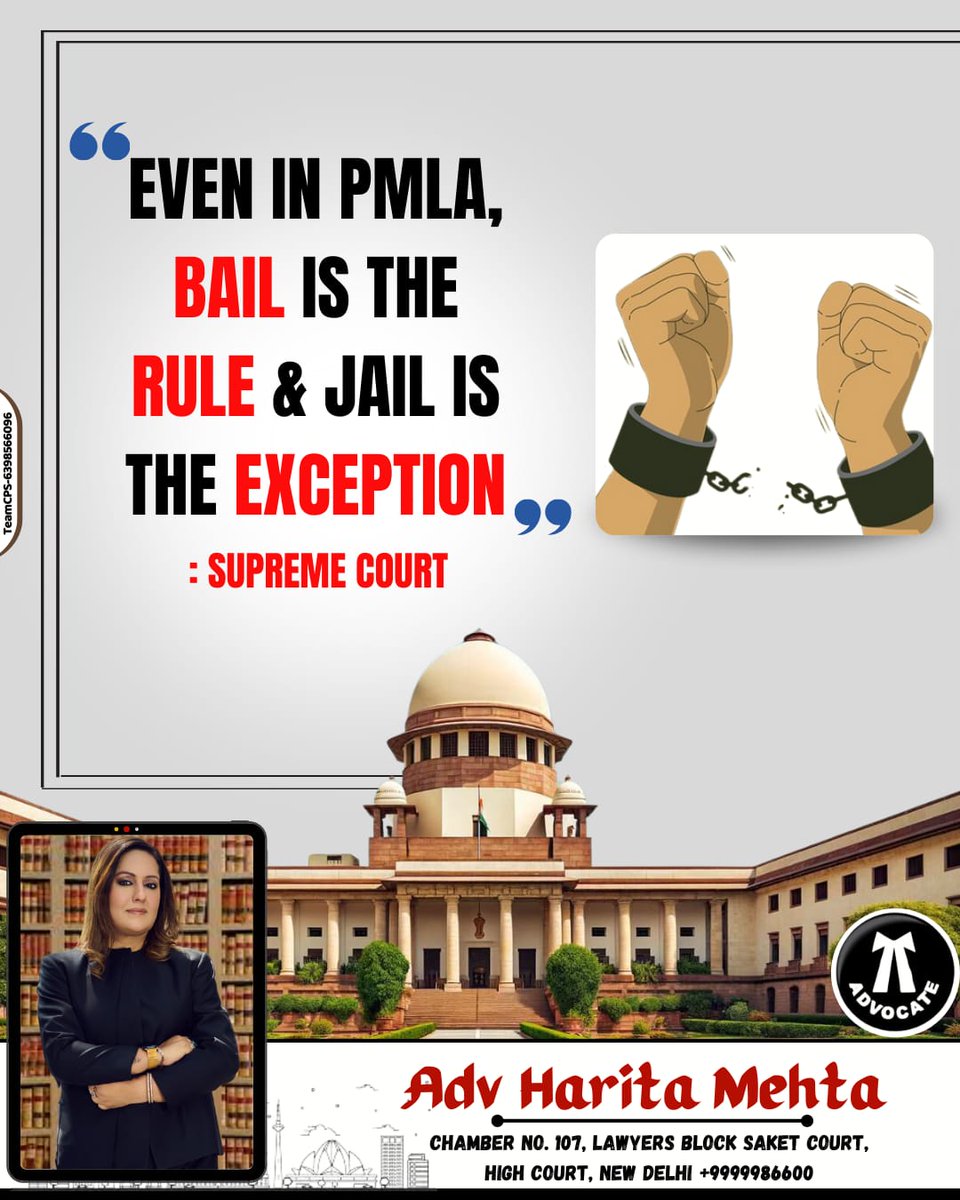 AdvHaritamehta's tweet photo. EVEN IN PMLA, BAIL IS THE RULE & JAIL IS THE EXCEPTION, : SUPREME COURT....
#PMLA #SUPREMECOURT #SupremeCourt #BailisRule #PMLact https://t.co/ddP6Sr6hF7