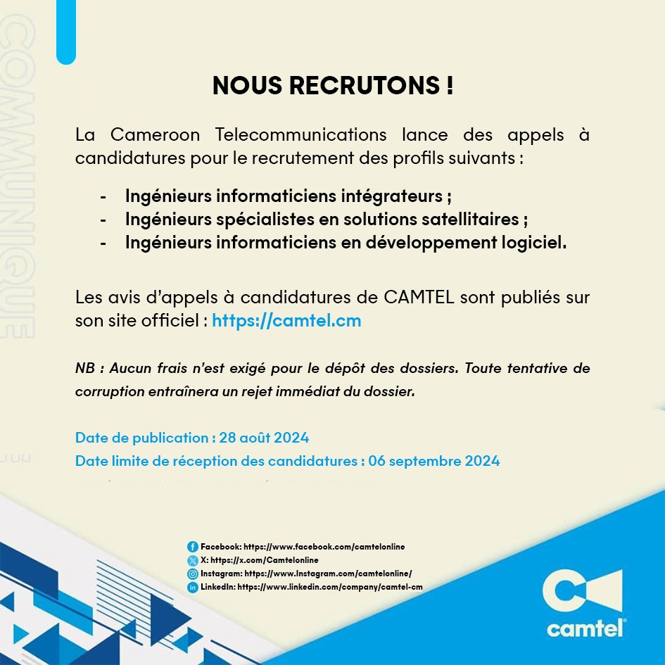 Camtelonline's tweet photo. 🔎 Nous recrutons ! 👩🏽‍💻
- Des ingénieurs informaticiens intégrateurs ;
- Des ingénieurs spécialistes en solutions satellitaires ;
- Des ingénieurs informaticiens en développement logiciel.
Consultez les avis d’appels à candidature ici 👉🏼 https://t.co/Q2jfF5PHtR

1/2 https://t.co/TPxeJ3dBOU