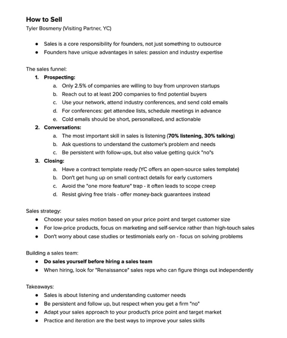 hamptonism's tweet photo. How to sell, by Y Combinator. https://t.co/dUfaUYmr99