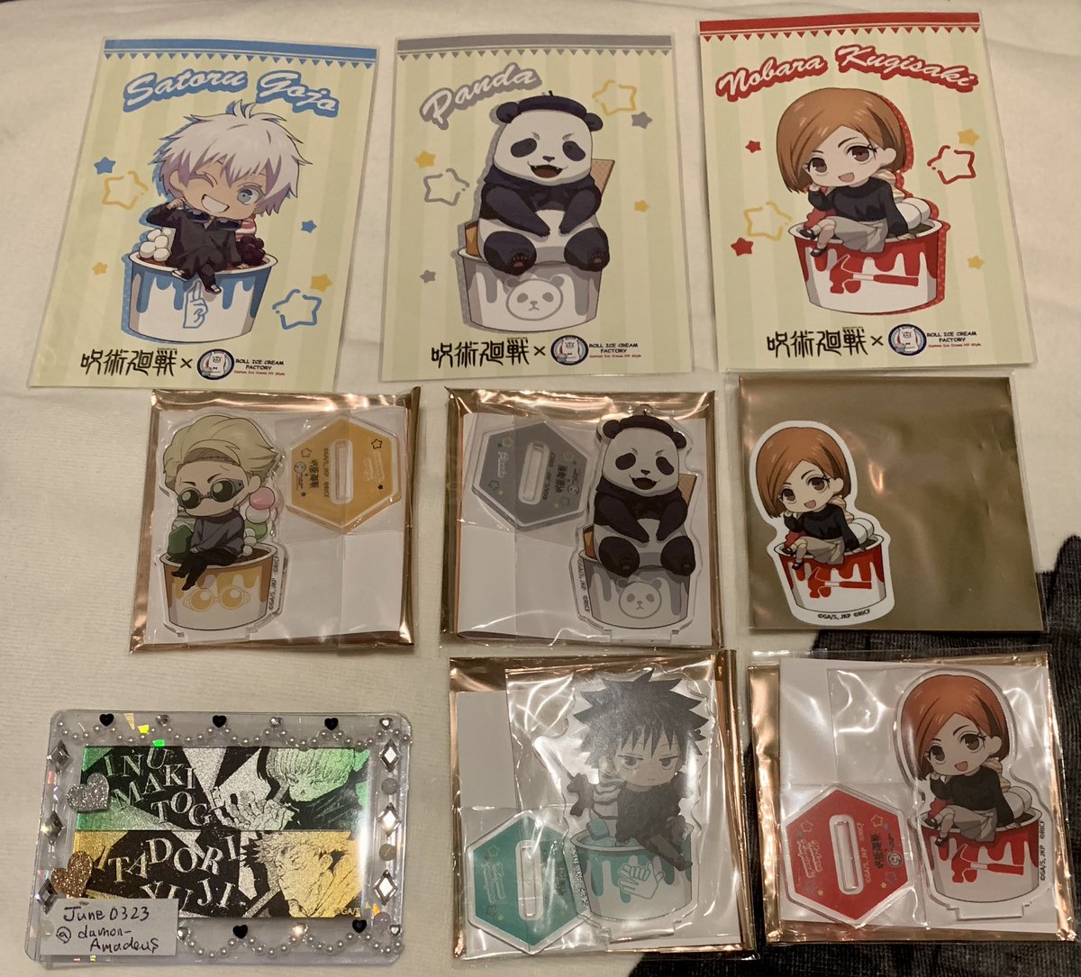 damon_Amadeus's tweet photo. 呪術廻戦　ロールアイス　ステッカー　特典　アクリルスタンド
【交換】
譲→★五条　☆伏黒　☆七海　釘崎　パンダ
求→ステッカー狗巻
　　特典　狗巻
　　アクスタ　狗巻>虎杖
★は特典全てまとめてのみ
　　
都内手渡し　郵送可能

お気軽にお声かけください🌟 https://t.co/FXxt2SlhBP