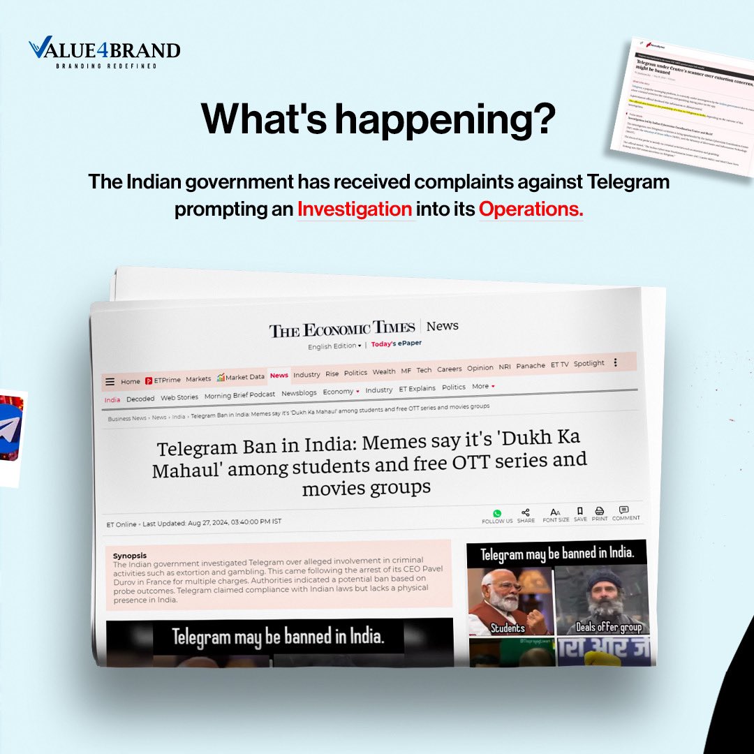 Value4Brand's tweet image. Have you heard the latest about Telegram? There’s talk of a potential ban in India due to some serious allegations. We know, we know - it’s a lot to take in.😰

#recentnews #recentupdates #BINI #BINIxBillboardKorea #BINIxBillboardKpower100 #Devara #FREEDUROV #Telegram #