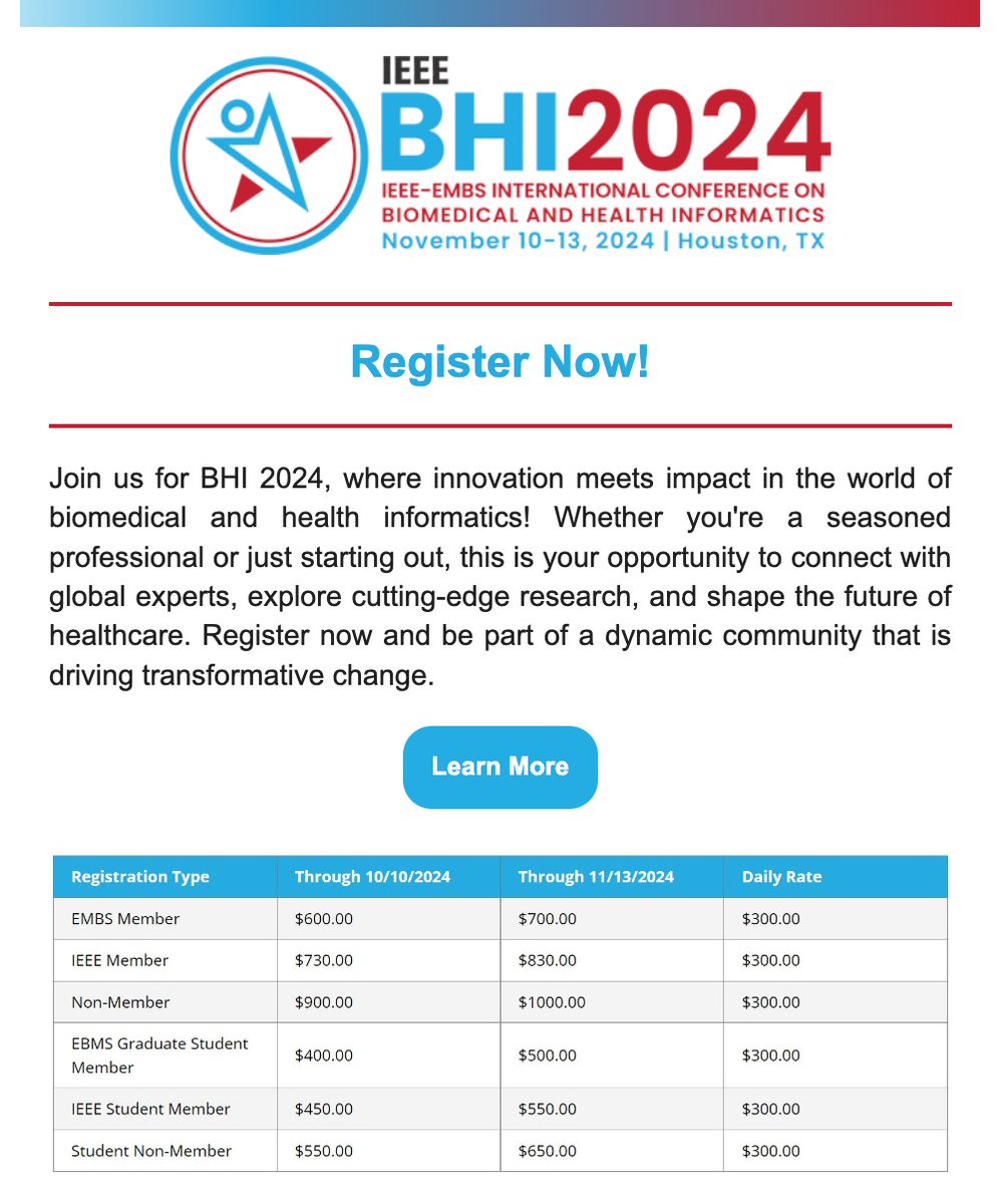 IEEEBHI's tweet photo. Registration is open for the IEEE BHI 2024 conference to be held at Houston, Texas, USA later this year. We have an exciting program on the conference theme of "Deep Medicine and AI for Health" this year. https://t.co/SadCn3U0Qq https://t.co/zcR1mitMWd