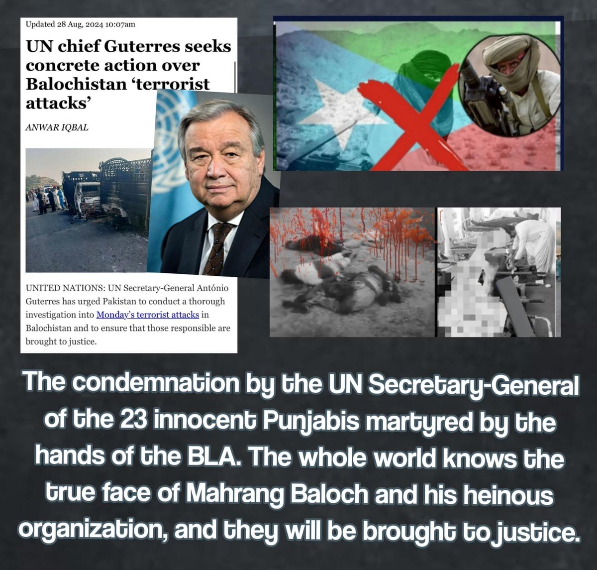 The condemnation by the UN Secretary-General of the 23 innocent Punjabis martyred by the hands of the BLA. The whole world knows the true face of Mahrang Baloch and his heinous organization, and they will be brought to justice.<a href="/HRC87/">hayley curtis</a>
<a href="/amnestyasia/">Ashley</a>
<a href="/FrontLineHRD/">Front Line Defenders</a>
<a href="/hrw/">Human Rights Watch</a>
@MaryLawlorhrd