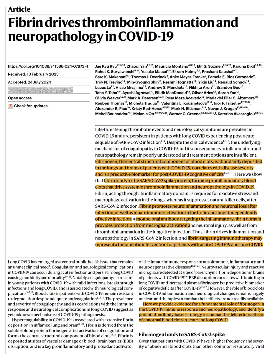 Eric Topol (@erictopol) on Twitter photo Just published <a href="/Nature/">nature</a>
How fibrin drives brain inflammation in acute and #LongCovid and that a monoclonal antibody to fibrin protects against microglial activation
nature.com/articles/s4158…
<a href="/AkassoglouLab/">Katerina Akassoglou</a> <a href="/GladstoneInst/">Gladstone Institutes</a> Just published <a href="/Nature/">nature</a>
How fibrin drives brain inflammation in acute and #LongCovid and that a monoclonal antibody to fibrin protects against microglial activation
nature.com/articles/s4158…
<a href="/AkassoglouLab/">Katerina Akassoglou</a> <a href="/GladstoneInst/">Gladstone Institutes</a>