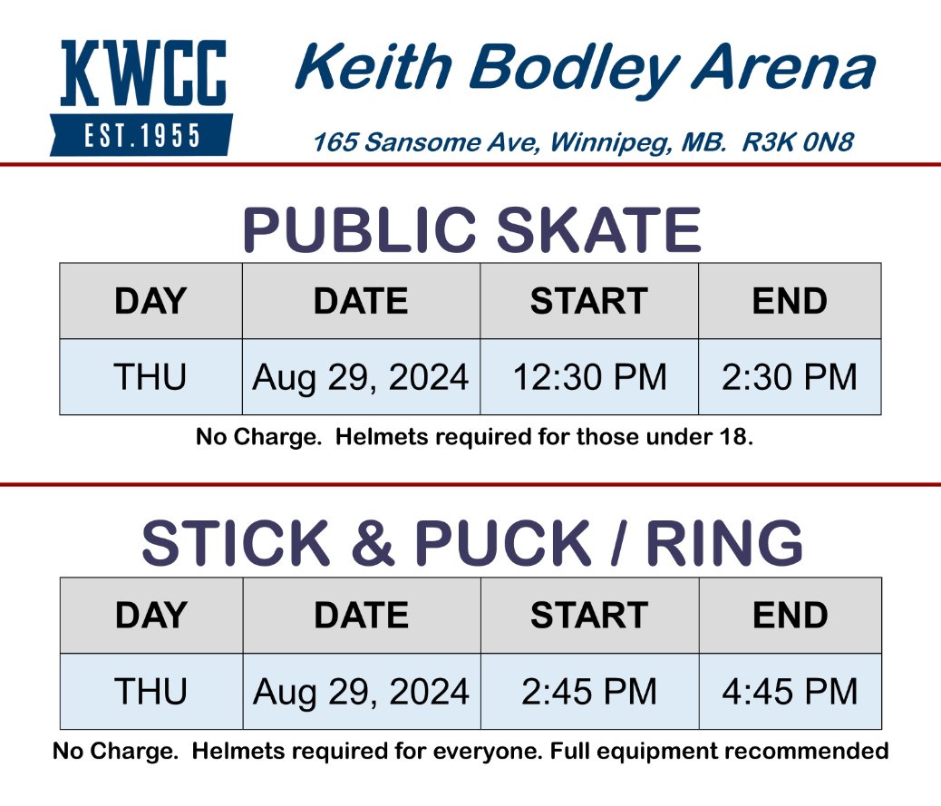 Come out to the public skate and stick &amp; puck/ring tomorrow at Keith Bodley Arena. No Charge. See details below.