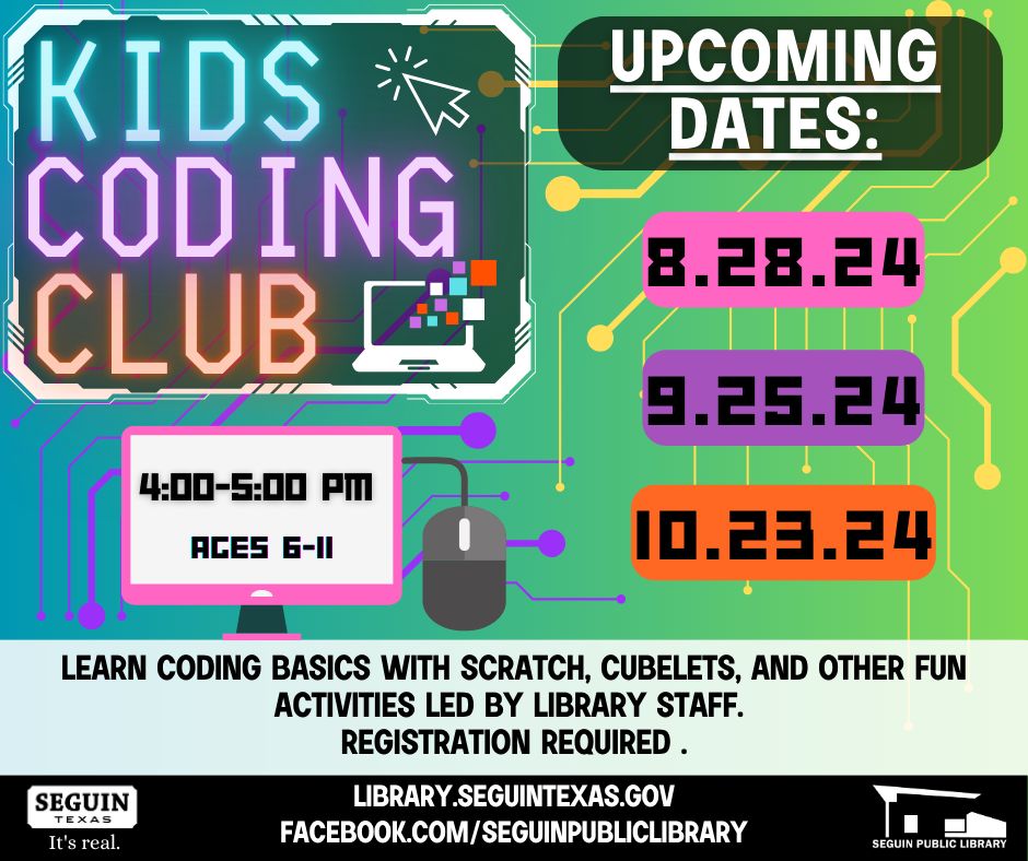 SeguinPublicLib's tweet image. 📚🎮 Attention Kids Ages 6-11! 🎮📚
Get ready for a fun-filled afternoon at the Seguin Public Library on Wednesday, August 28, 2024, at 4 PM! Don’t miss out on this awesome opportunity to code, game, and have a blast! 
🌟 Register now buff.ly/3AQrkM6 

#CodingAndGaming