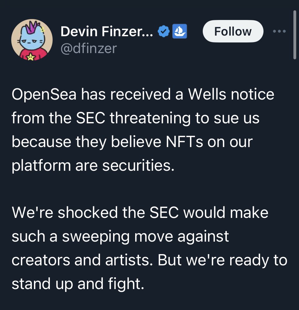 NFT速報:最大手NFT市場のOpenSeaはSEC(米証券取引委員会)より訴訟警告となるウェルスノーティスを受け取ったとCEOが報告。SECはNFTが証券だと考えているといい、戦う覚悟があるという  #イーサリアム #仮想通貨 #Ethereum #NFT #暗号資産 #OpenSea
