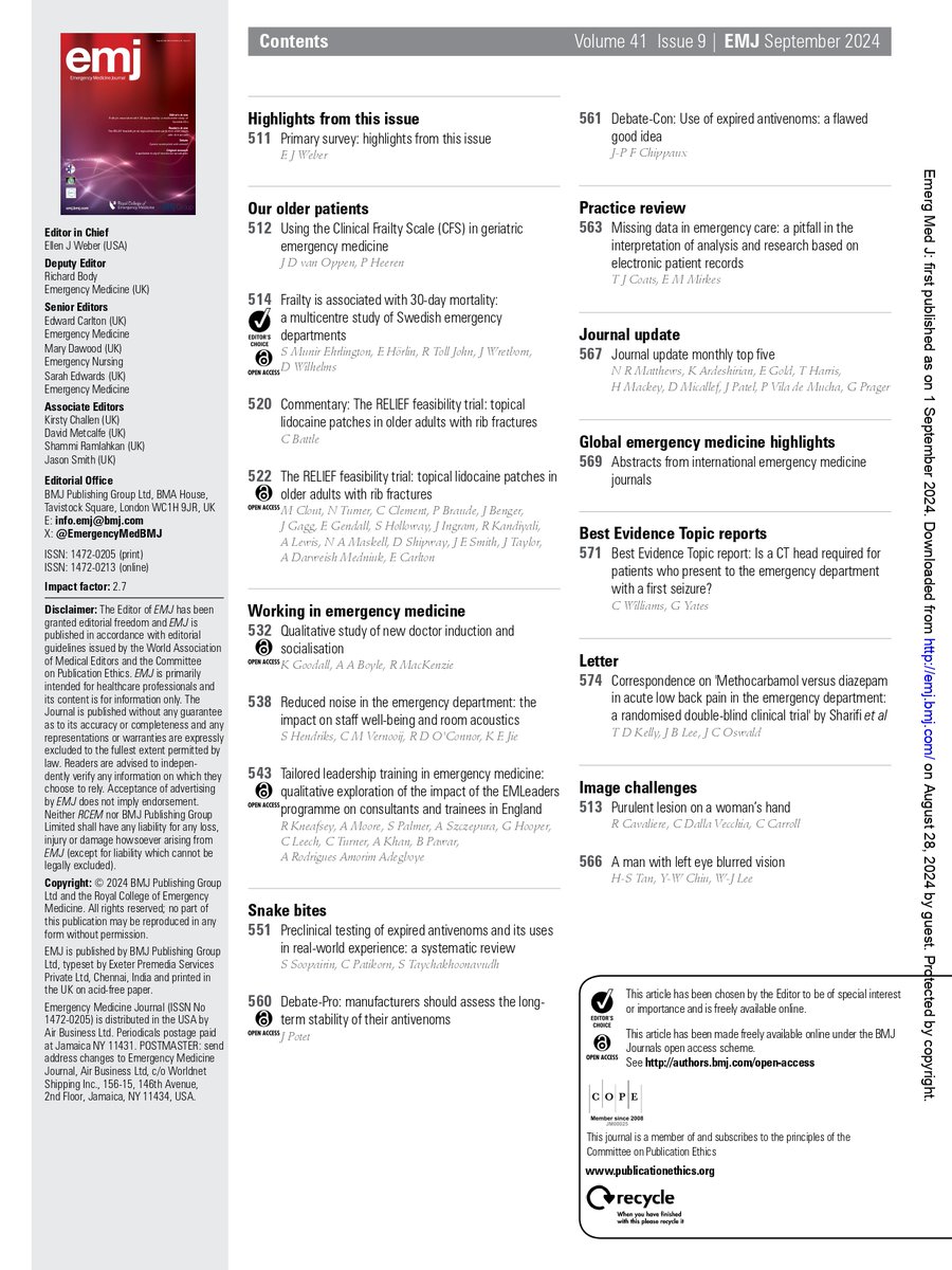Emergency Medicine Journal (@emergencymedbmj) on Twitter photo #September2024
September's Issue is now out!
Primary Survey - emj.bmj.com/content/41/9/5… <a href="/emjeditor/">Ellen Weber</a>
Our Older Patients 👵 👴
Using the Clinical Frailty Scale (CFS) in geriatric emergency medicine - emj.bmj.com/content/41/9/5… <a href="/J_vanOppen/">James van Oppen</a>
Frailty is associated with 30-day #September2024
September's Issue is now out!
Primary Survey - emj.bmj.com/content/41/9/5… <a href="/emjeditor/">Ellen Weber</a>
Our Older Patients 👵 👴
Using the Clinical Frailty Scale (CFS) in geriatric emergency medicine - emj.bmj.com/content/41/9/5… <a href="/J_vanOppen/">James van Oppen</a>
Frailty is associated with 30-day